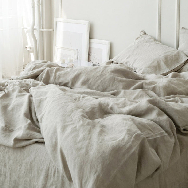 Linen four-piece set Nordic style solid colour washed antibacterial bed linen bed sheet quilt cover bedding three-piece set