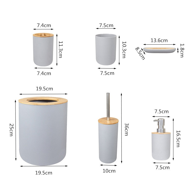 Bathroom Accessories Set 6 Pieces Bamboo Room Set Toothbrush Holder Soap Dispenser Toilet Brush Trash Can Bathroom Essential Set