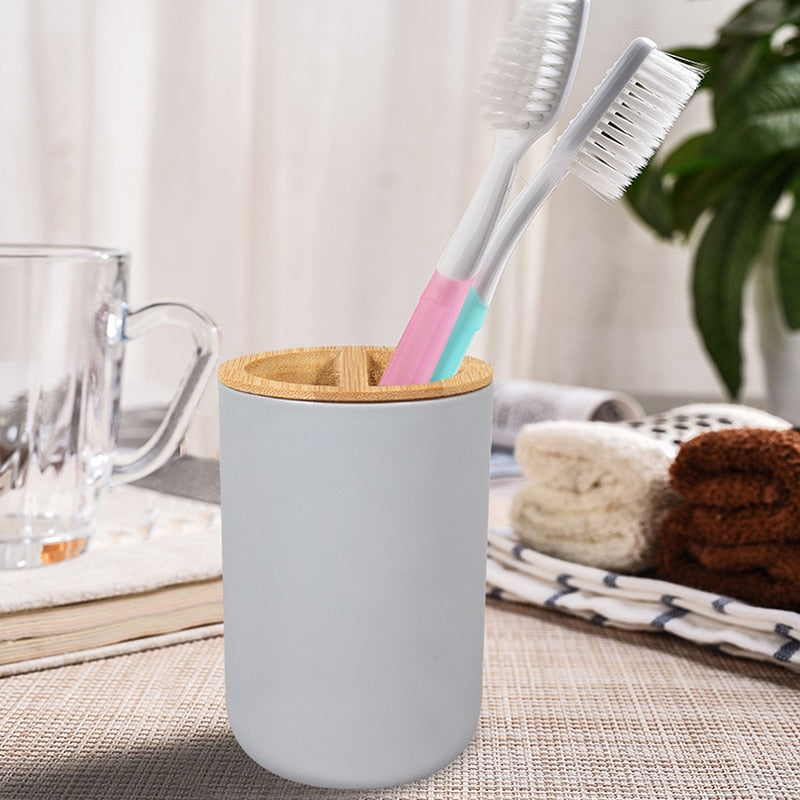 Bathroom Accessories Set 6 Pieces Bamboo Room Set Toothbrush Holder Soap Dispenser Toilet Brush Trash Can Bathroom Essential Set