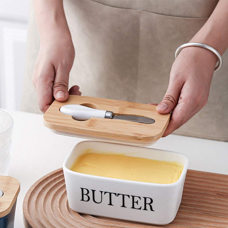 Ceramic Butter Boxes Dishes Cans Cheese Trays Vertical Containers Kitchen Food Storage Containers with Round Wooden Covers