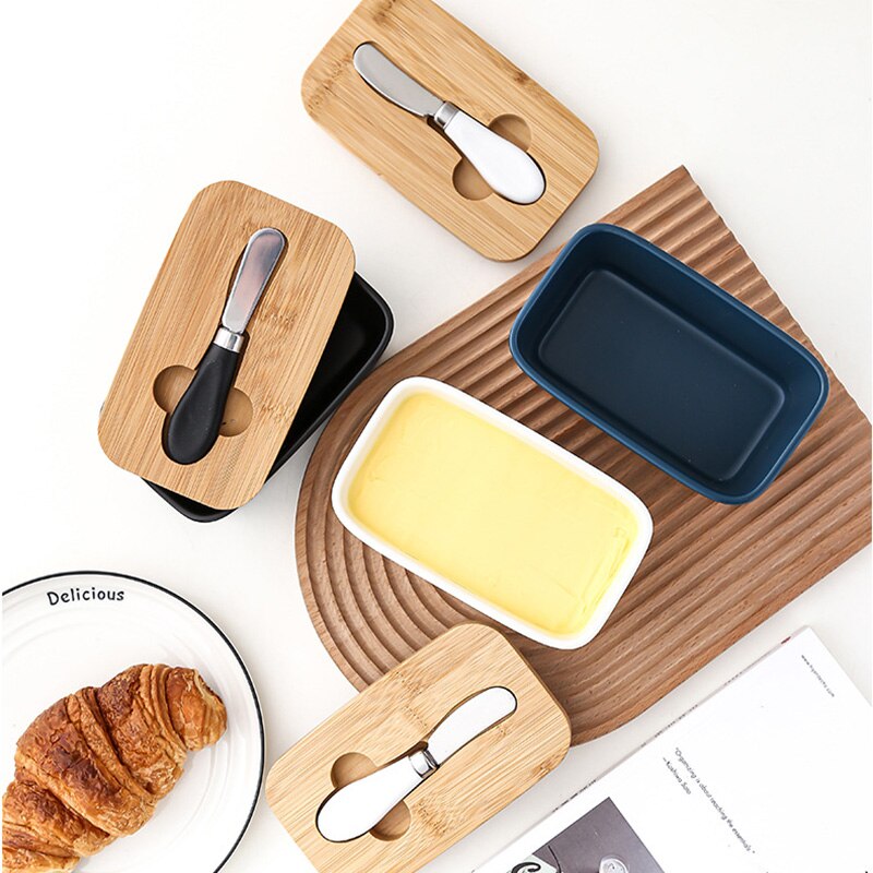 Ceramic Butter Boxes Dishes Cans Cheese Trays Vertical Containers Kitchen Food Storage Containers with Round Wooden Covers