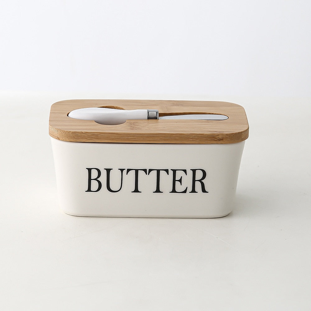 Ceramic Butter Boxes Dishes Cans Cheese Trays Vertical Containers Kitchen Food Storage Containers with Round Wooden Covers