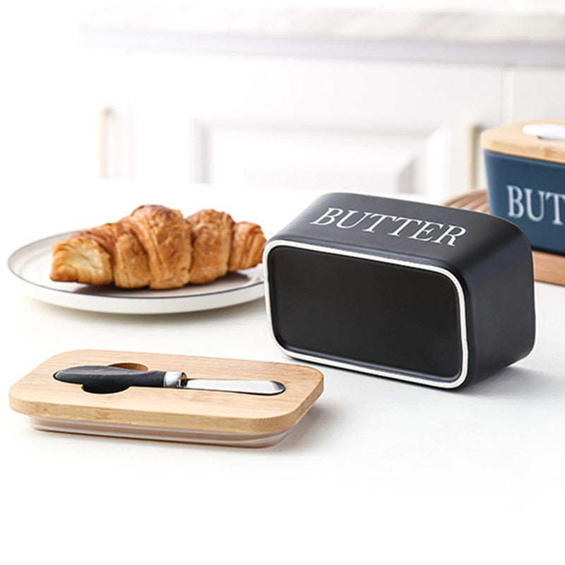 Ceramic Butter Boxes Dishes Cans Cheese Trays Vertical Containers Kitchen Food Storage Containers with Round Wooden Covers
