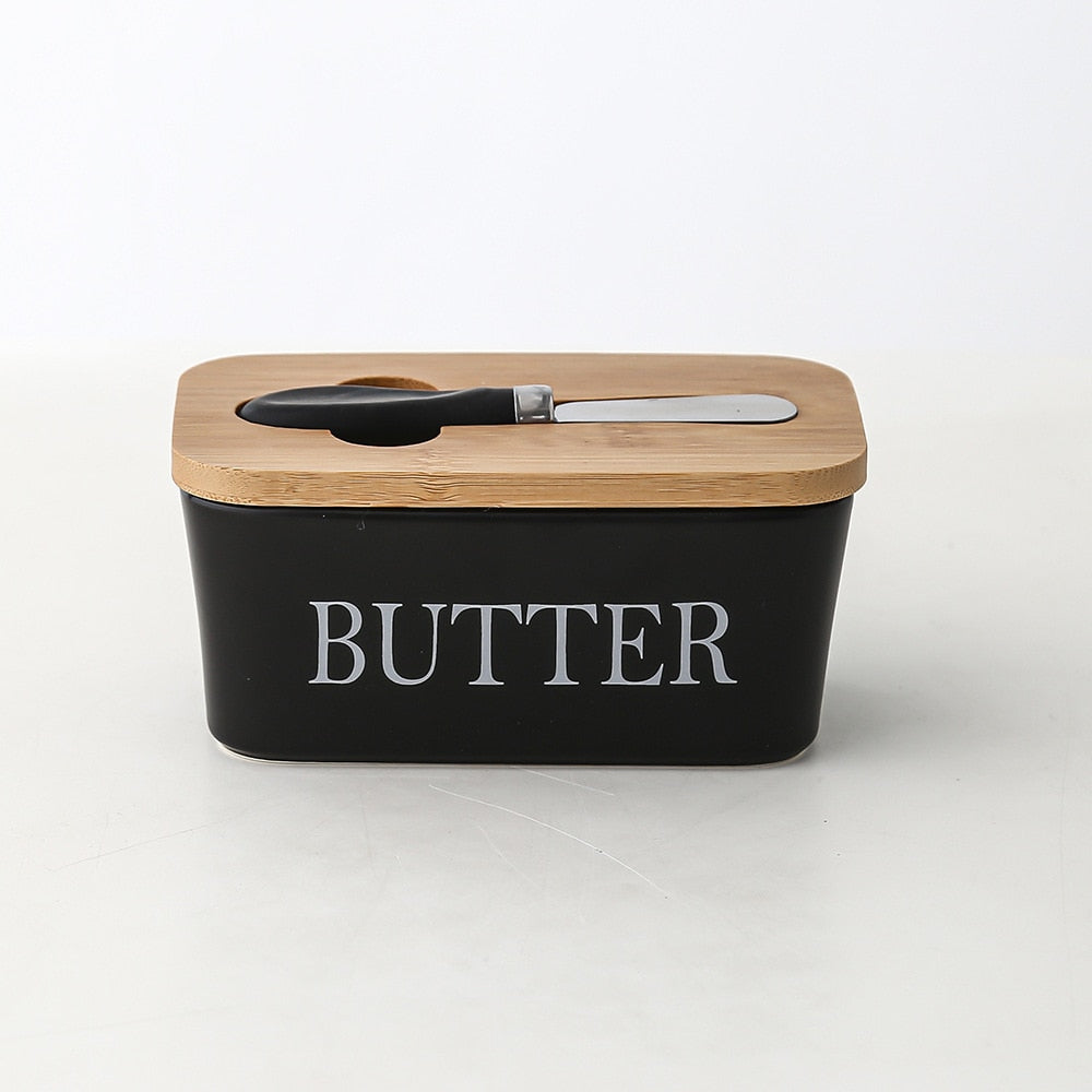 Ceramic Butter Boxes Dishes Cans Cheese Trays Vertical Containers Kitchen Food Storage Containers with Round Wooden Covers