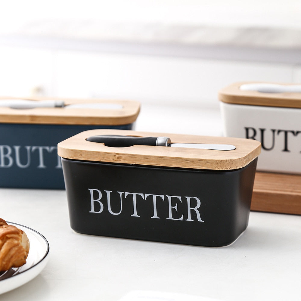 Ceramic Butter Boxes Dishes Cans Cheese Trays Vertical Containers Kitchen Food Storage Containers with Round Wooden Covers