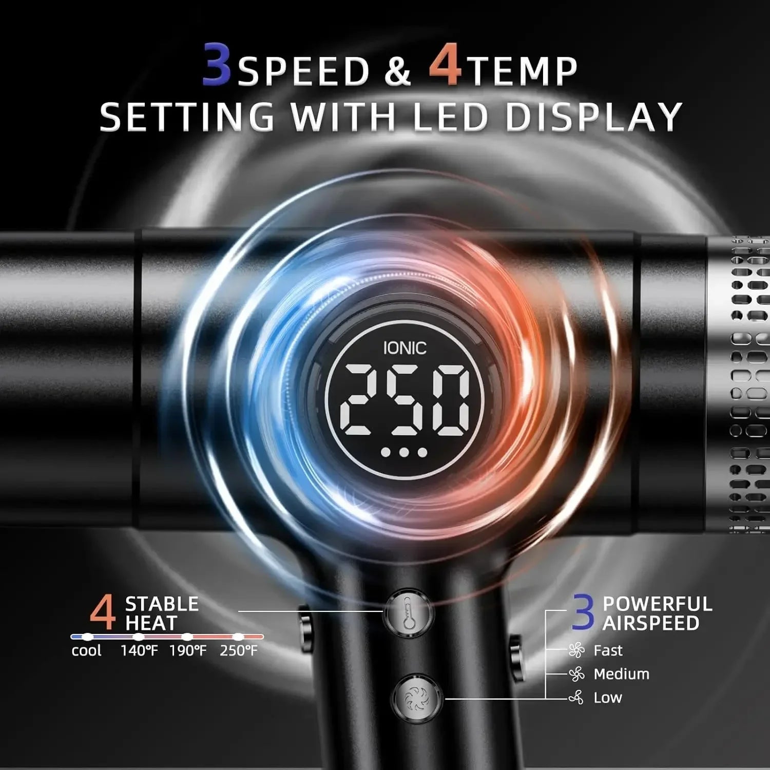 Hair dryer with digital display and control panel on a black background