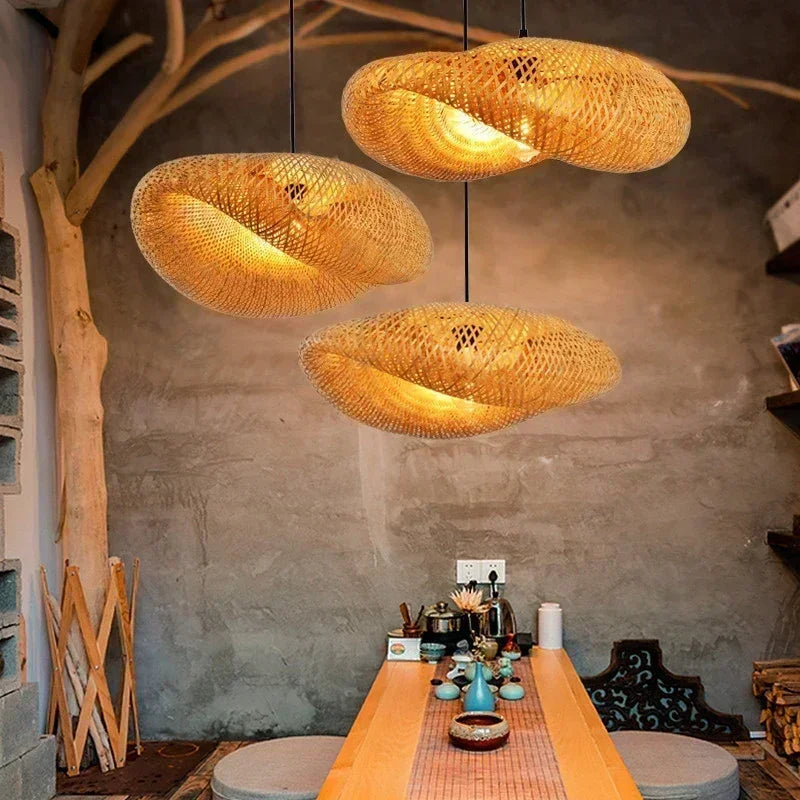 Bamboo Pendant Lamp Restaurant Bamboo Vine Lampshade Chandeliers Pendant Lights Handmade Natural Rattan Wicker E27 LED