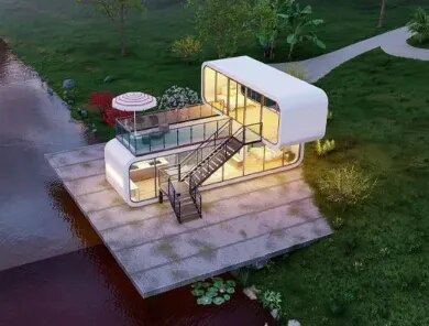 Forest retreat Resort Cabin Capsule Prefab Metaverse Home Satellite Link Elite Mobile 5G Hotel Accommodation, Out House Retreat Cabin