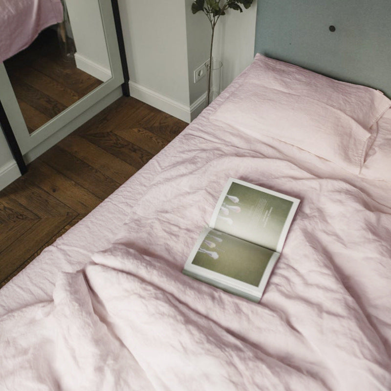 Linen four-piece set Nordic style solid colour washed antibacterial bed linen bed sheet quilt cover bedding three-piece set