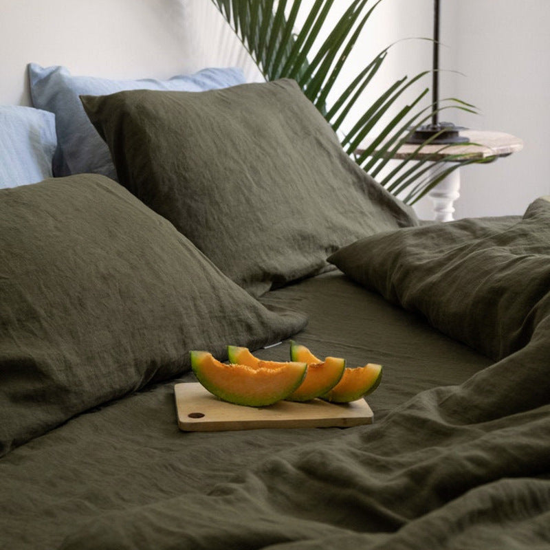 Linen four-piece set Nordic style solid colour washed antibacterial bed linen bed sheet quilt cover bedding three-piece set
