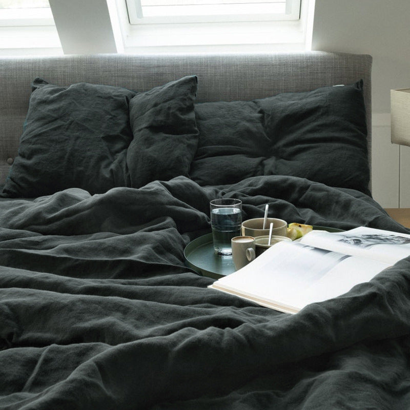 Linen four-piece set Nordic style solid colour washed antibacterial bed linen bed sheet quilt cover bedding three-piece set