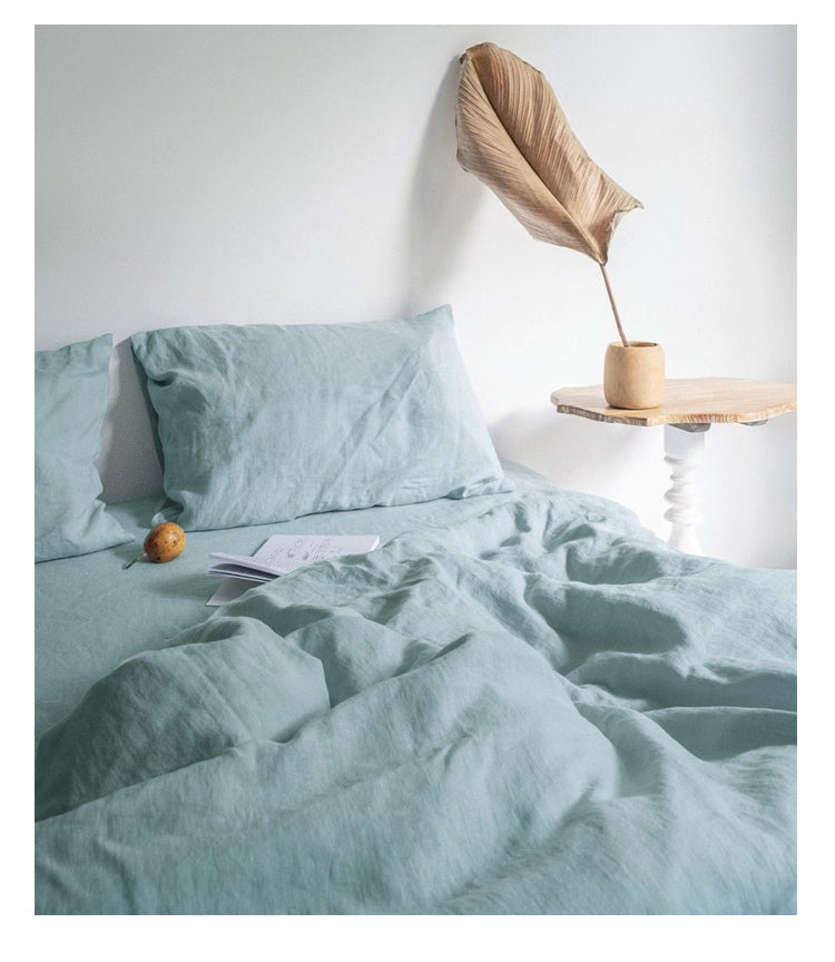 Linen four-piece set Nordic style solid colour washed antibacterial bed linen bed sheet quilt cover bedding three-piece set