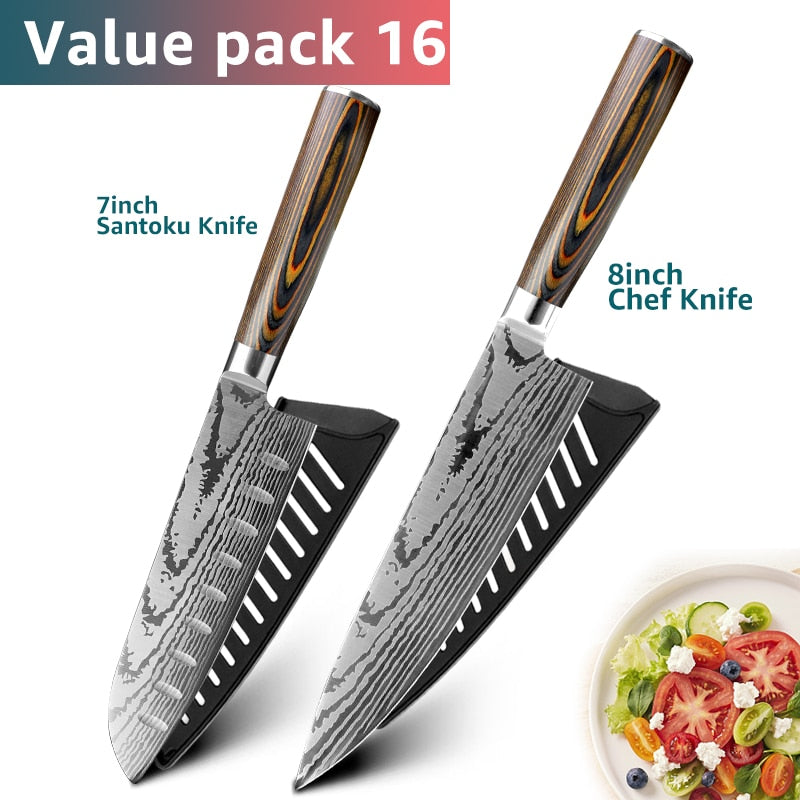 Kitchen Knife Set Chef Knives Japanese 7CR17 440C High Carbon Stainless Steel Imitation Damascus Sanding Laser Knife
