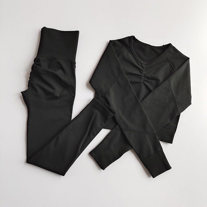 2pcs Women Seamless Yoga Set Sport Suit Gym-wear Workout Clothes Long Sleeve Gym Crop Top High Waist Leggings Fitness Sports Wear