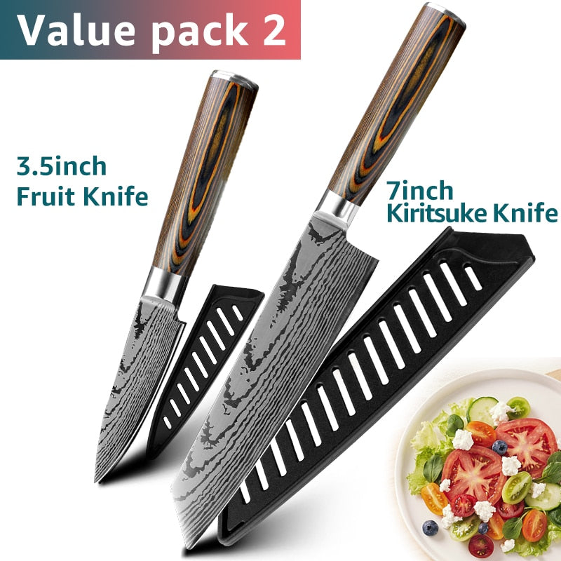Kitchen Knife Set Chef Knives Japanese 7CR17 440C High Carbon Stainless Steel Imitation Damascus Sanding Laser Knife