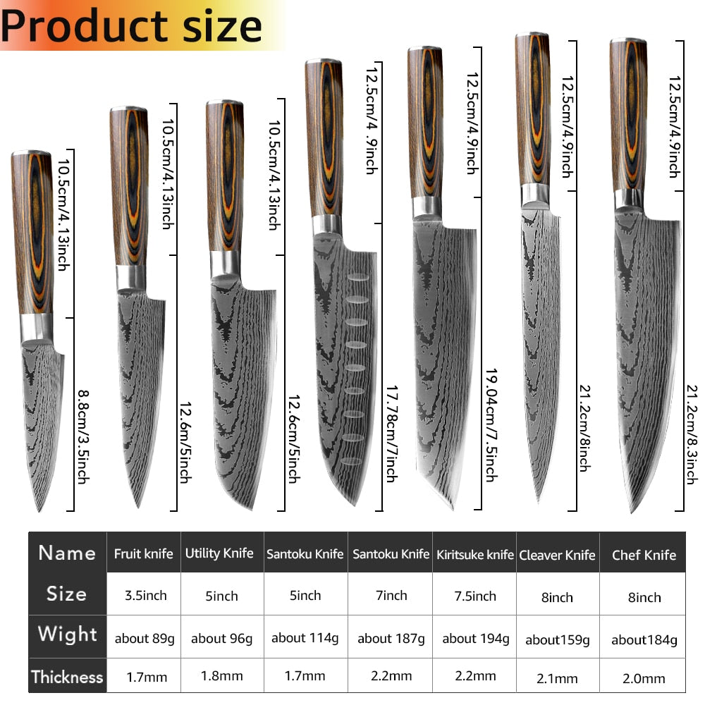 Kitchen Knife Set Chef Knives Japanese 7CR17 440C High Carbon Stainless Steel Imitation Damascus Sanding Laser Knife