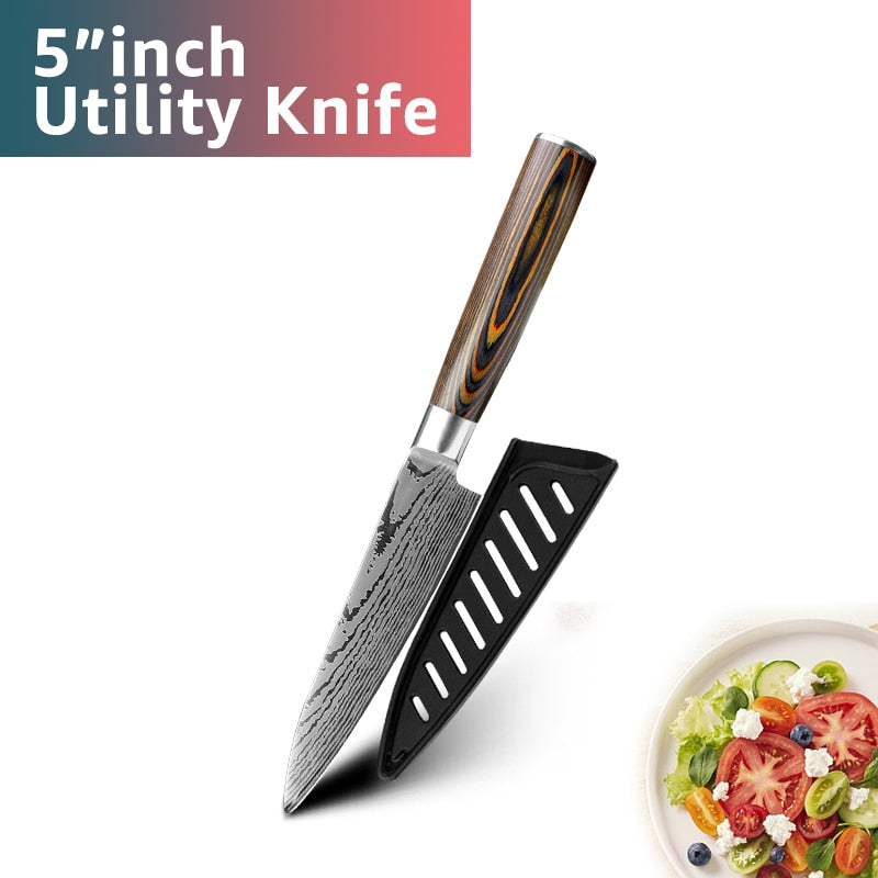 Kitchen Knife Set Chef Knives Japanese 7CR17 440C High Carbon Stainless Steel Imitation Damascus Sanding Laser Knife