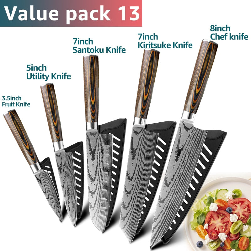 Kitchen Knife Set Chef Knives Japanese 7CR17 440C High Carbon Stainless Steel Imitation Damascus Sanding Laser Knife