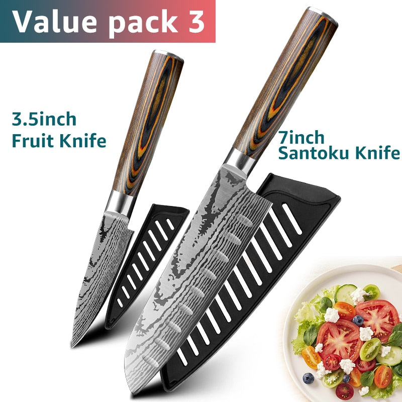 Kitchen Knife Set Chef Knives Japanese 7CR17 440C High Carbon Stainless Steel Imitation Damascus Sanding Laser Knife