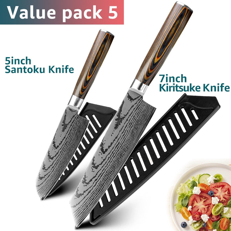 Kitchen Knife Set Chef Knives Japanese 7CR17 440C High Carbon Stainless Steel Imitation Damascus Sanding Laser Knife