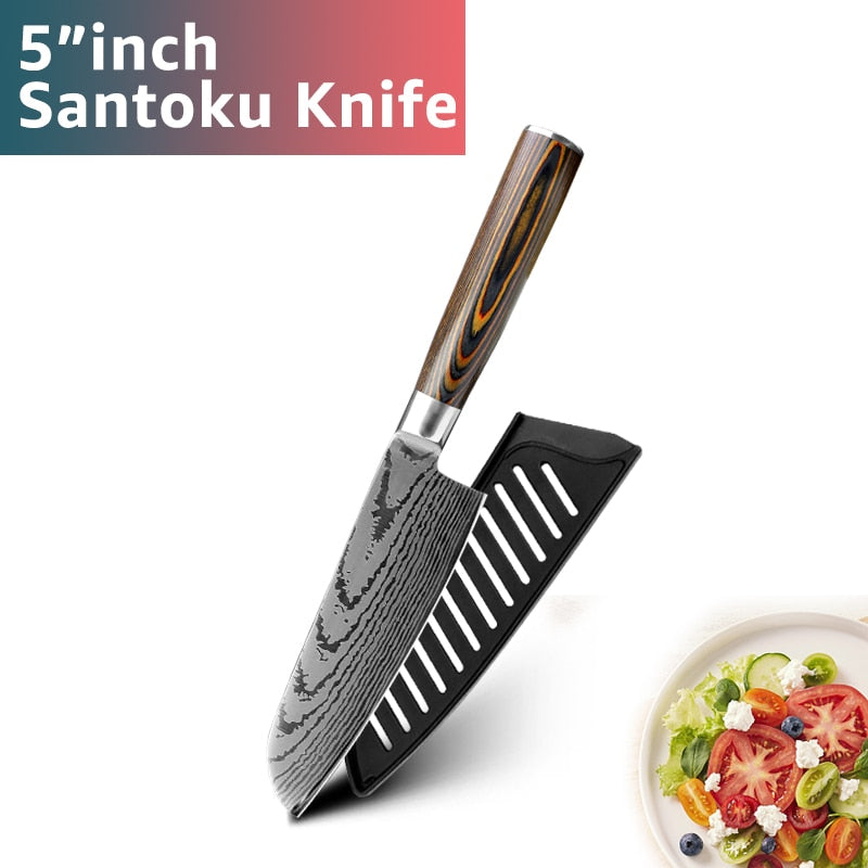 Kitchen Knife Set Chef Knives Japanese 7CR17 440C High Carbon Stainless Steel Imitation Damascus Sanding Laser Knife