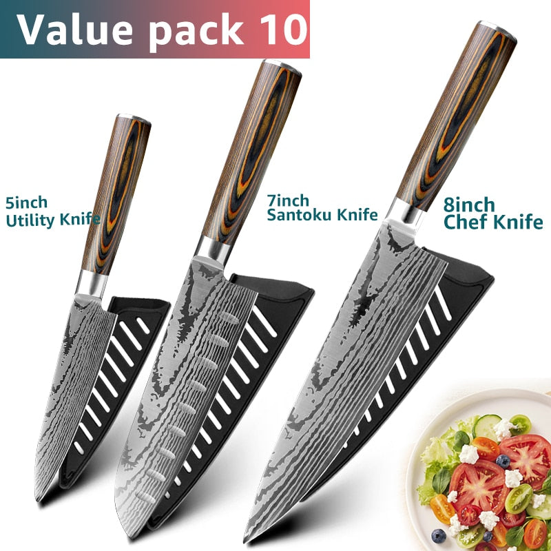 Kitchen Knife Set Chef Knives Japanese 7CR17 440C High Carbon Stainless Steel Imitation Damascus Sanding Laser Knife