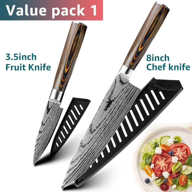 Kitchen Knife Set Chef Knives Japanese 7CR17 440C High Carbon Stainless Steel Imitation Damascus Sanding Laser Knife