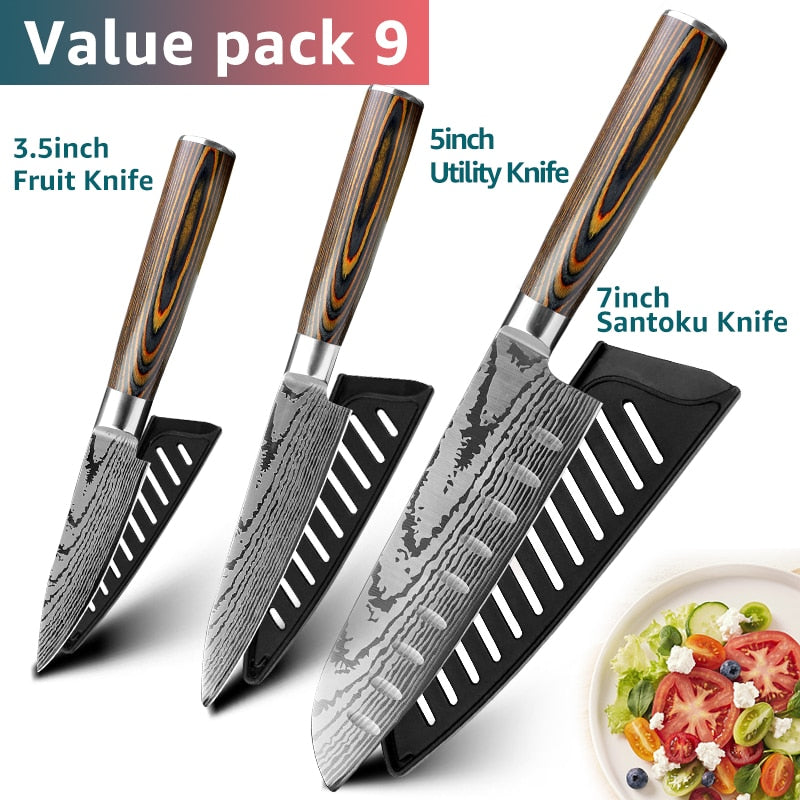 Kitchen Knife Set Chef Knives Japanese 7CR17 440C High Carbon Stainless Steel Imitation Damascus Sanding Laser Knife