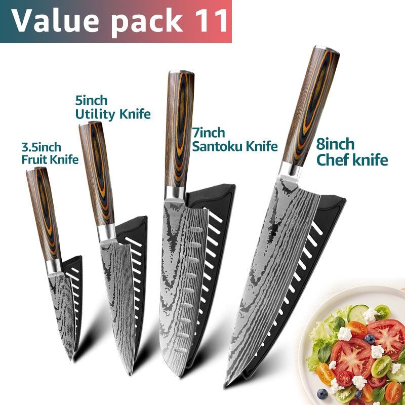 Kitchen Knife Set Chef Knives Japanese 7CR17 440C High Carbon Stainless Steel Imitation Damascus Sanding Laser Knife