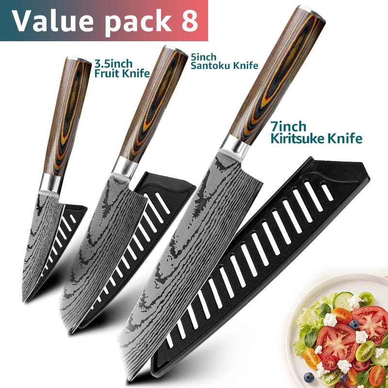Kitchen Knife Set Chef Knives Japanese 7CR17 440C High Carbon Stainless Steel Imitation Damascus Sanding Laser Knife