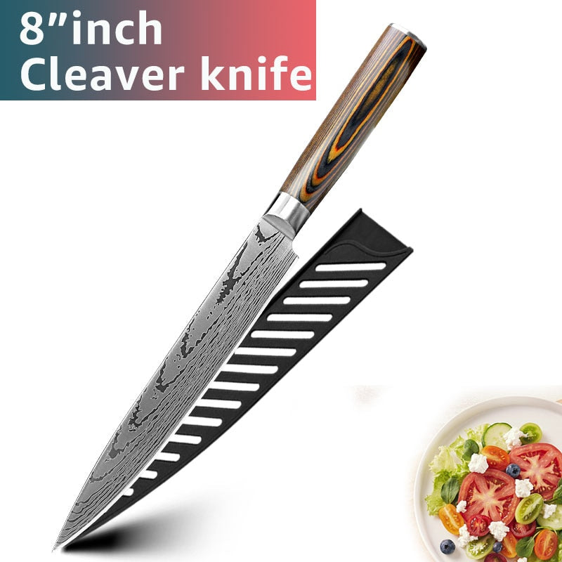 Kitchen Knife Set Chef Knives Japanese 7CR17 440C High Carbon Stainless Steel Imitation Damascus Sanding Laser Knife