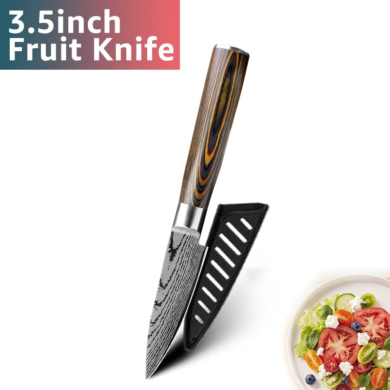 Kitchen Knife Set Chef Knives Japanese 7CR17 440C High Carbon Stainless Steel Imitation Damascus Sanding Laser Knife