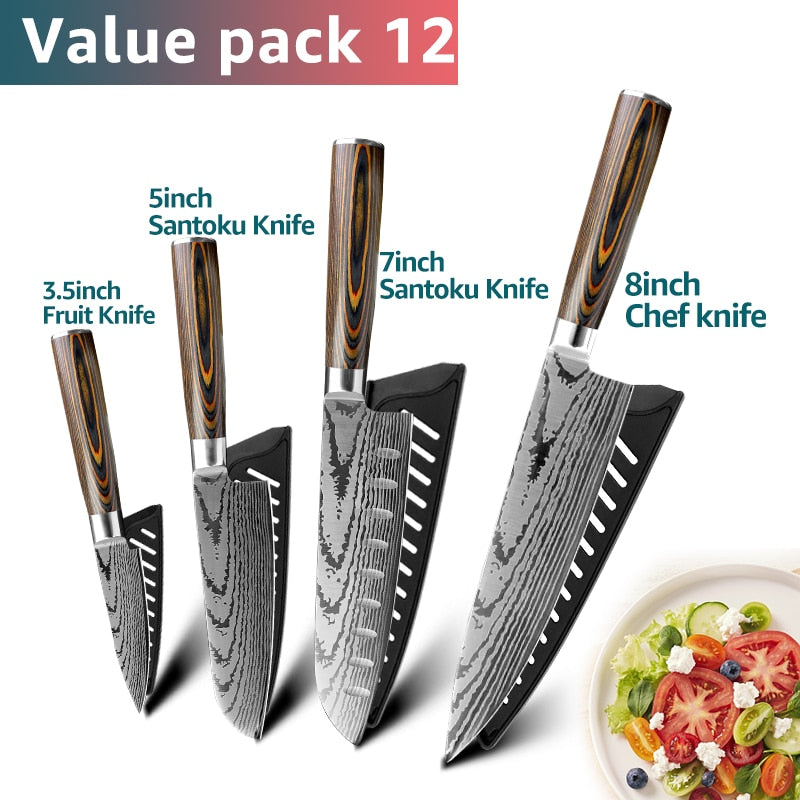 Kitchen Knife Set Chef Knives Japanese 7CR17 440C High Carbon Stainless Steel Imitation Damascus Sanding Laser Knife