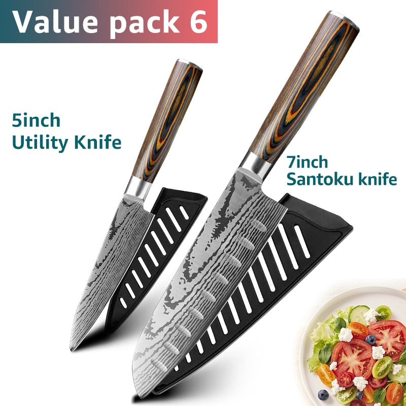 Kitchen Knife Set Chef Knives Japanese 7CR17 440C High Carbon Stainless Steel Imitation Damascus Sanding Laser Knife
