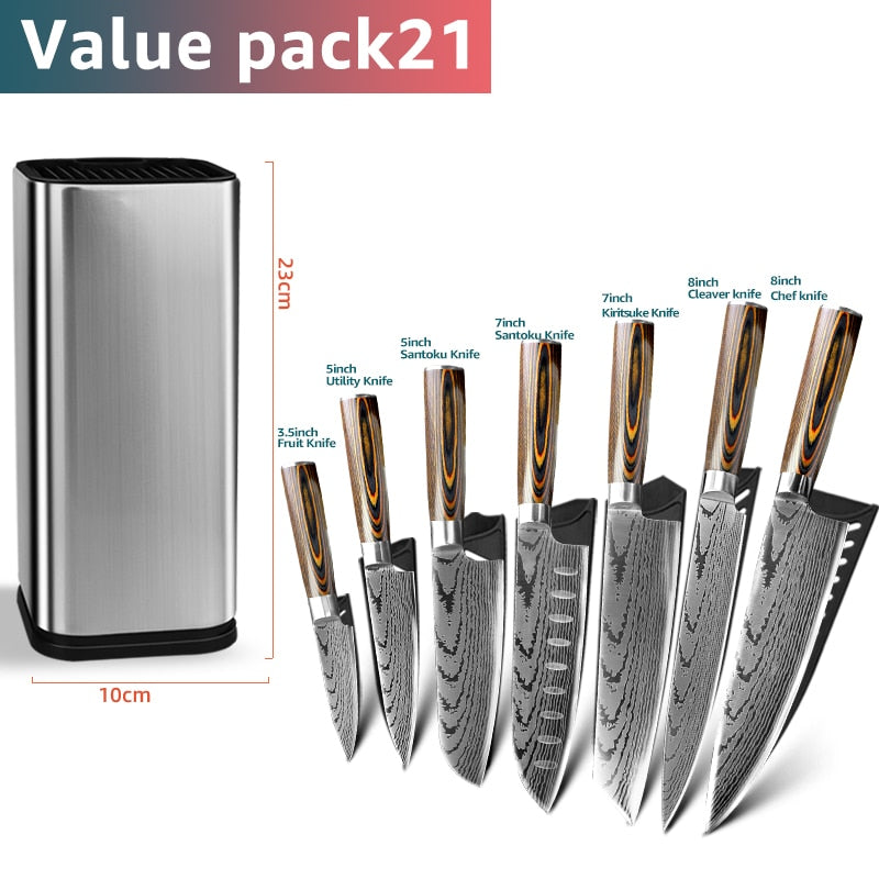 Kitchen Knife Set Chef Knives Japanese 7CR17 440C High Carbon Stainless Steel Imitation Damascus Sanding Laser Knife