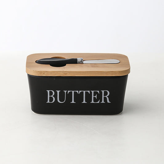 Ceramic Butter Boxes Dishes Cans Cheese Trays Vertical Containers Kitchen Food Storage Containers with Round Wooden Covers