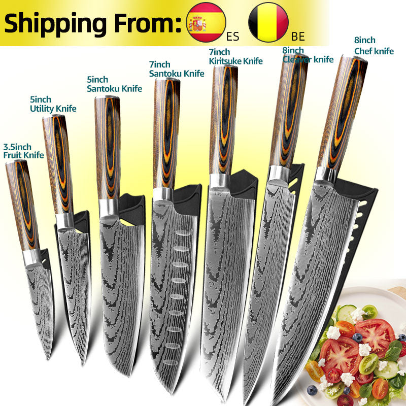 Kitchen Knife Set Chef Knives Japanese 7CR17 440C High Carbon Stainless Steel Imitation Damascus Sanding Laser Knife