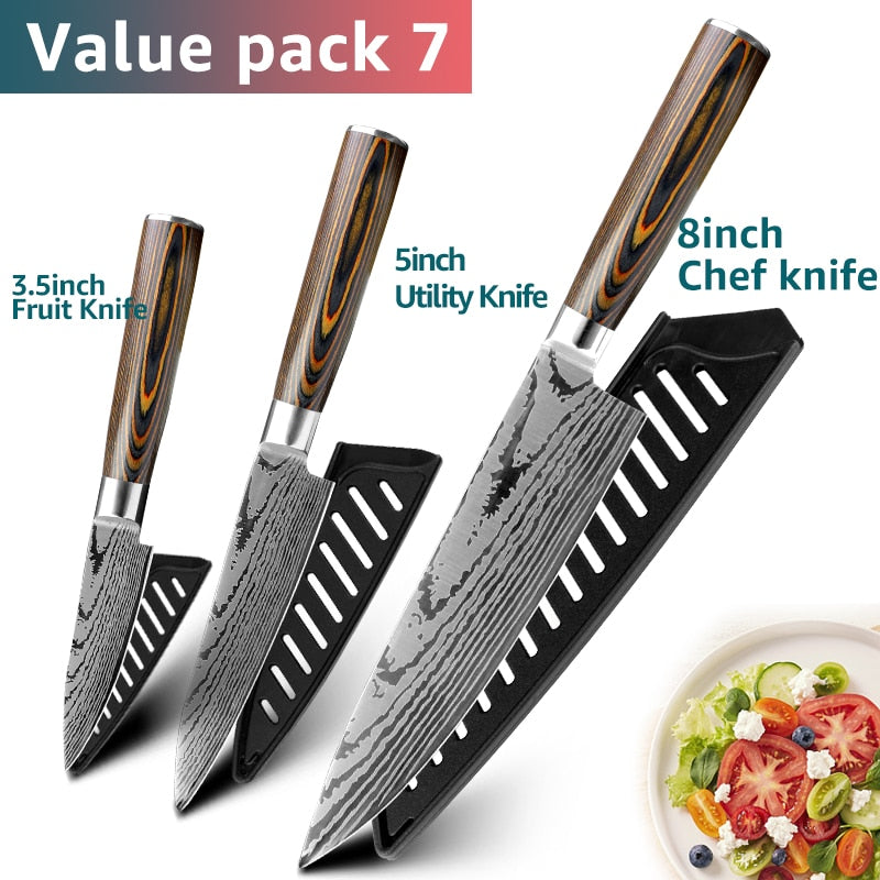 Kitchen Knife Set Chef Knives Japanese 7CR17 440C High Carbon Stainless Steel Imitation Damascus Sanding Laser Knife