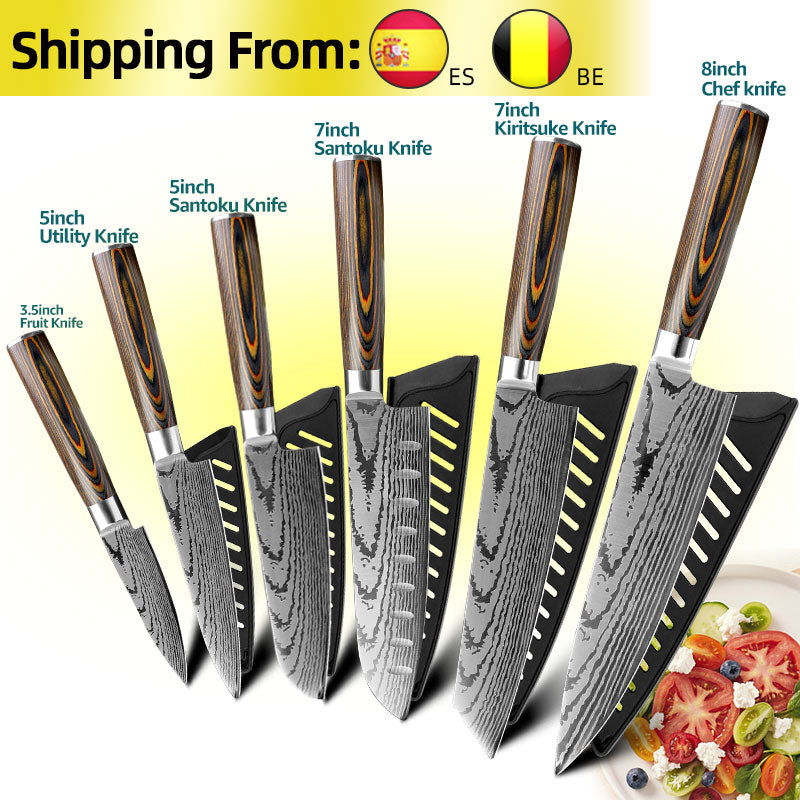 Kitchen Knife Set Chef Knives Japanese 7CR17 440C High Carbon Stainless Steel Imitation Damascus Sanding Laser Knife