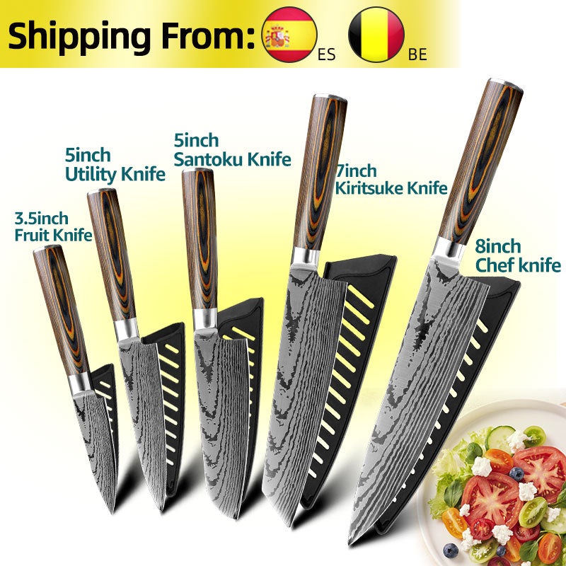 Kitchen Knife Set Chef Knives Japanese 7CR17 440C High Carbon Stainless Steel Imitation Damascus Sanding Laser Knife