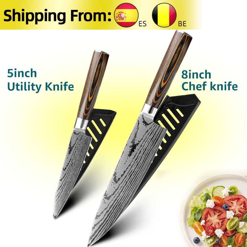 Kitchen Knife Set Chef Knives Japanese 7CR17 440C High Carbon Stainless Steel Imitation Damascus Sanding Laser Knife
